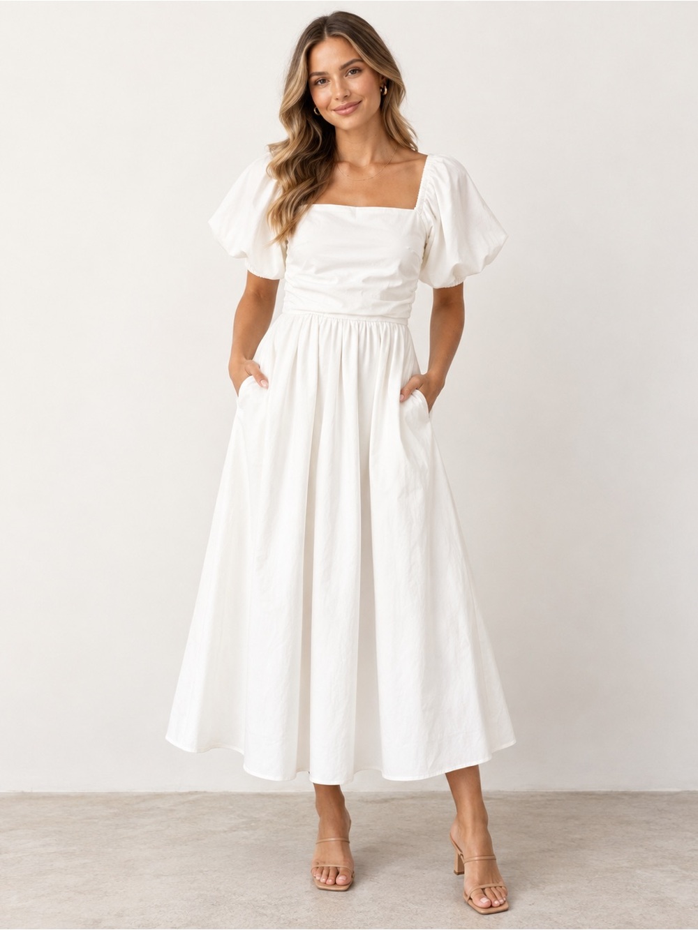 NEW Petal & Pup Clo Puff Sleeve Midi Dress White Square Neck Pockets